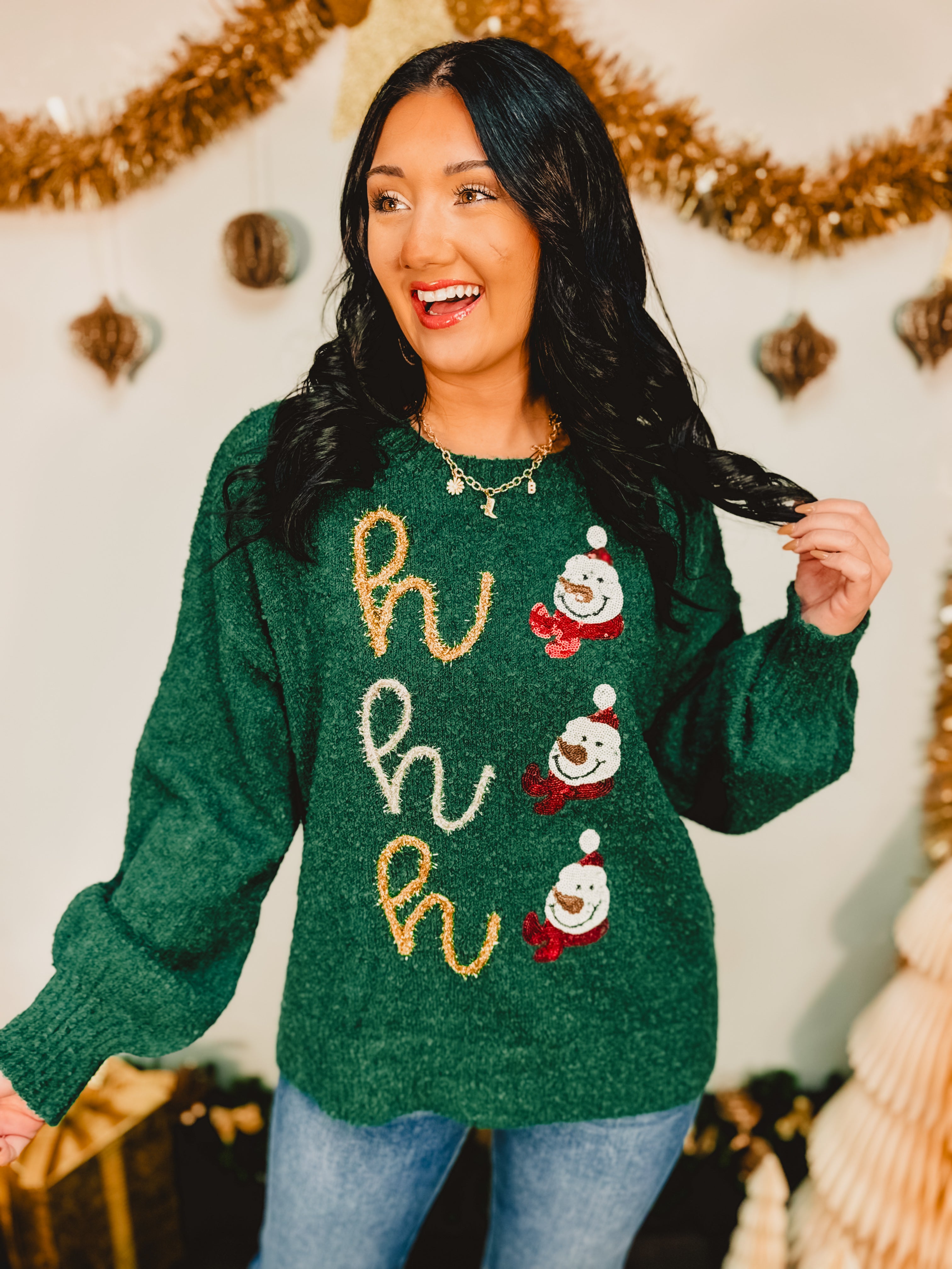 Ho Ho Ho Sequin Snowman Sweater - Green - Lace and Grace Boutique