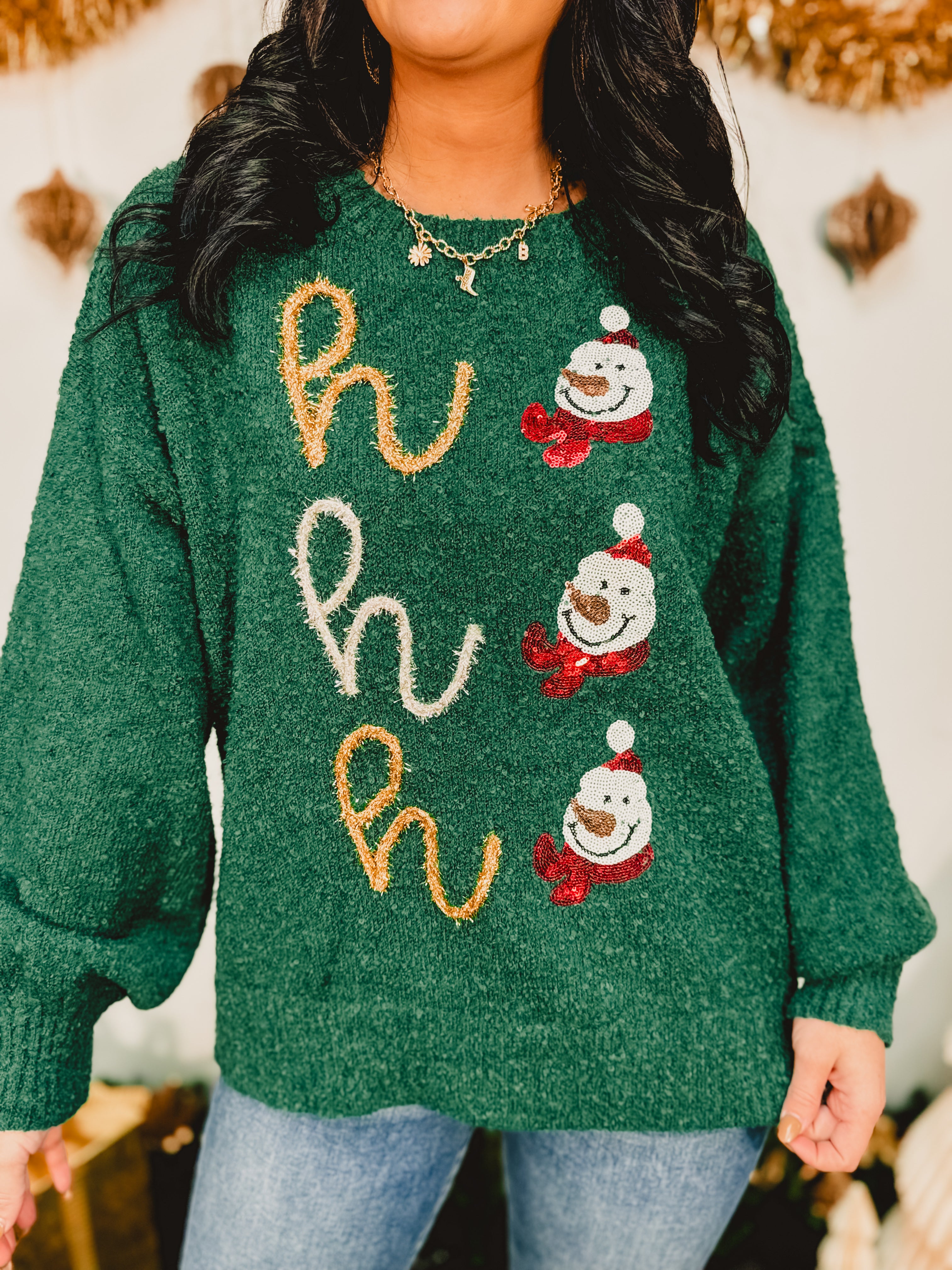 Ho Ho Ho Sequin Snowman Sweater - Green - Lace and Grace Boutique