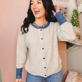 Contrast Button Knit Cardigan - Oatmeal/Denim