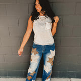 Oli & Hali Leather Star Patched Denim Jeans - Lace and Grace Boutique