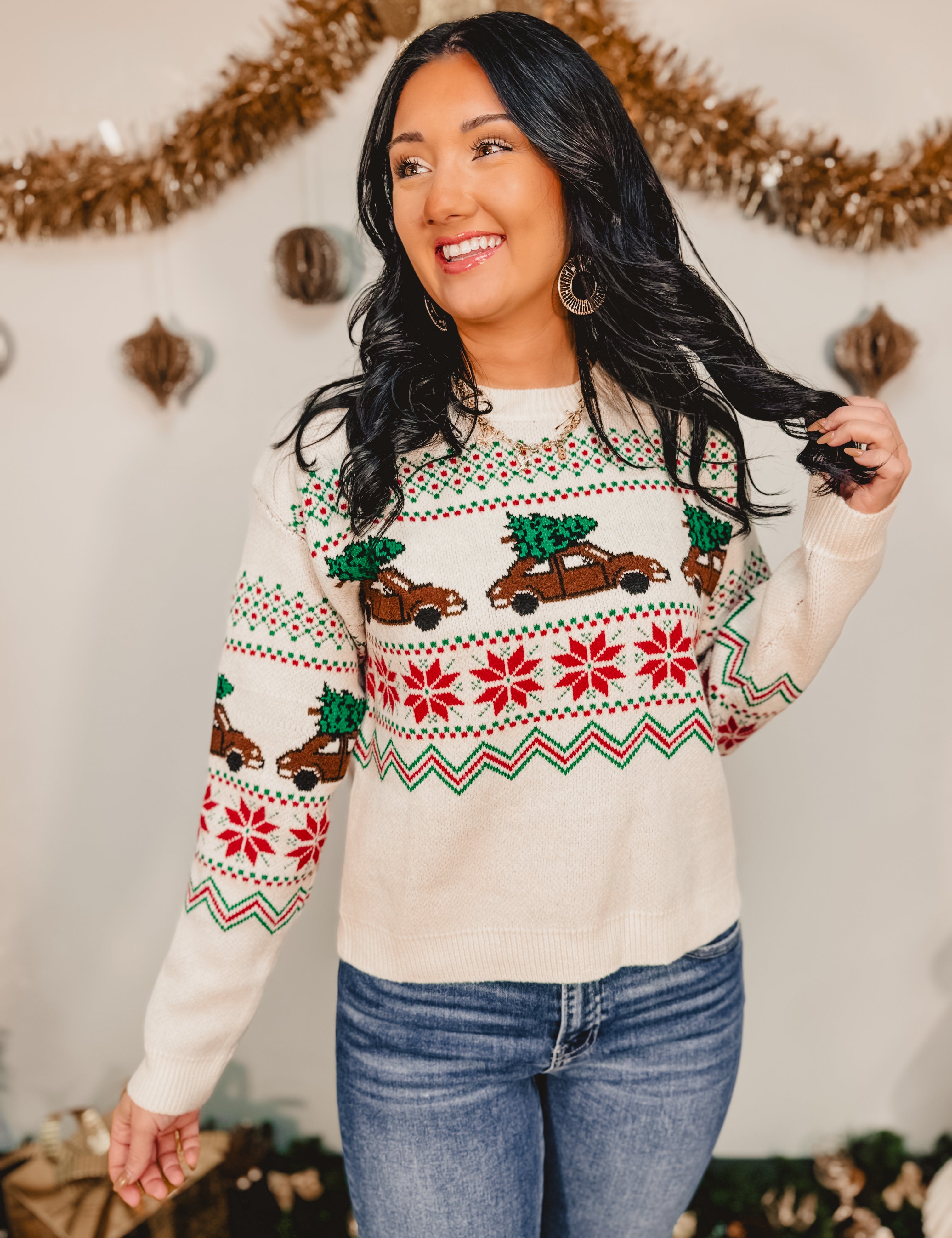 Vintage Christmas Tree Car Sweater - Ivory Multi - Lace and Grace Boutique