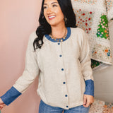 Contrast Button Knit Cardigan - Oatmeal/Denim