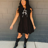 Bow Pleated Mini Dress - Black