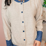 Contrast Button Knit Cardigan - Oatmeal/Denim