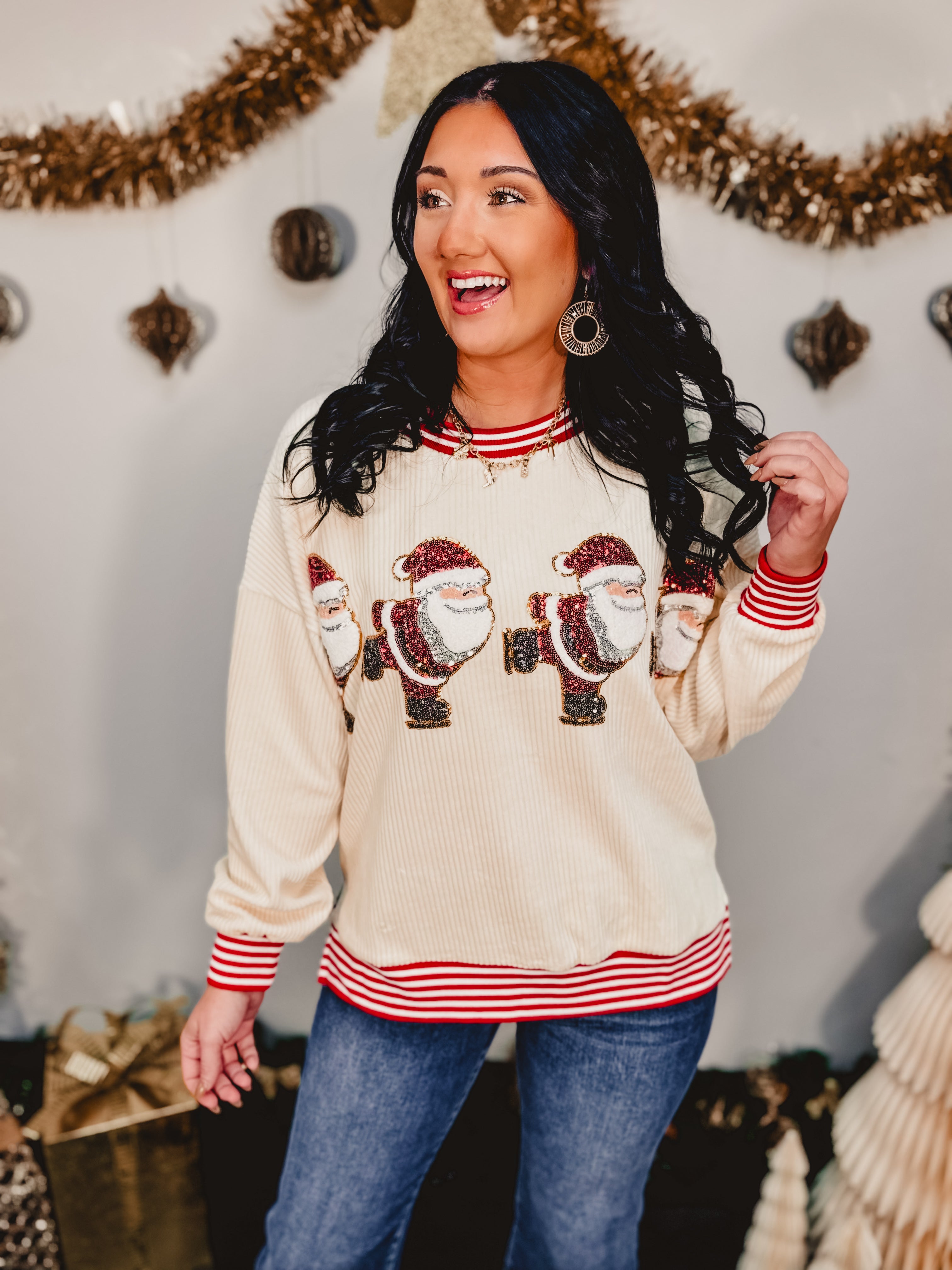 Santa Skating Sequins Embroidered Pullover - Red/Cream - Lace and Grace Boutique