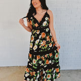Floral Print Tiered Lace Contrast Maxi Dress - Black