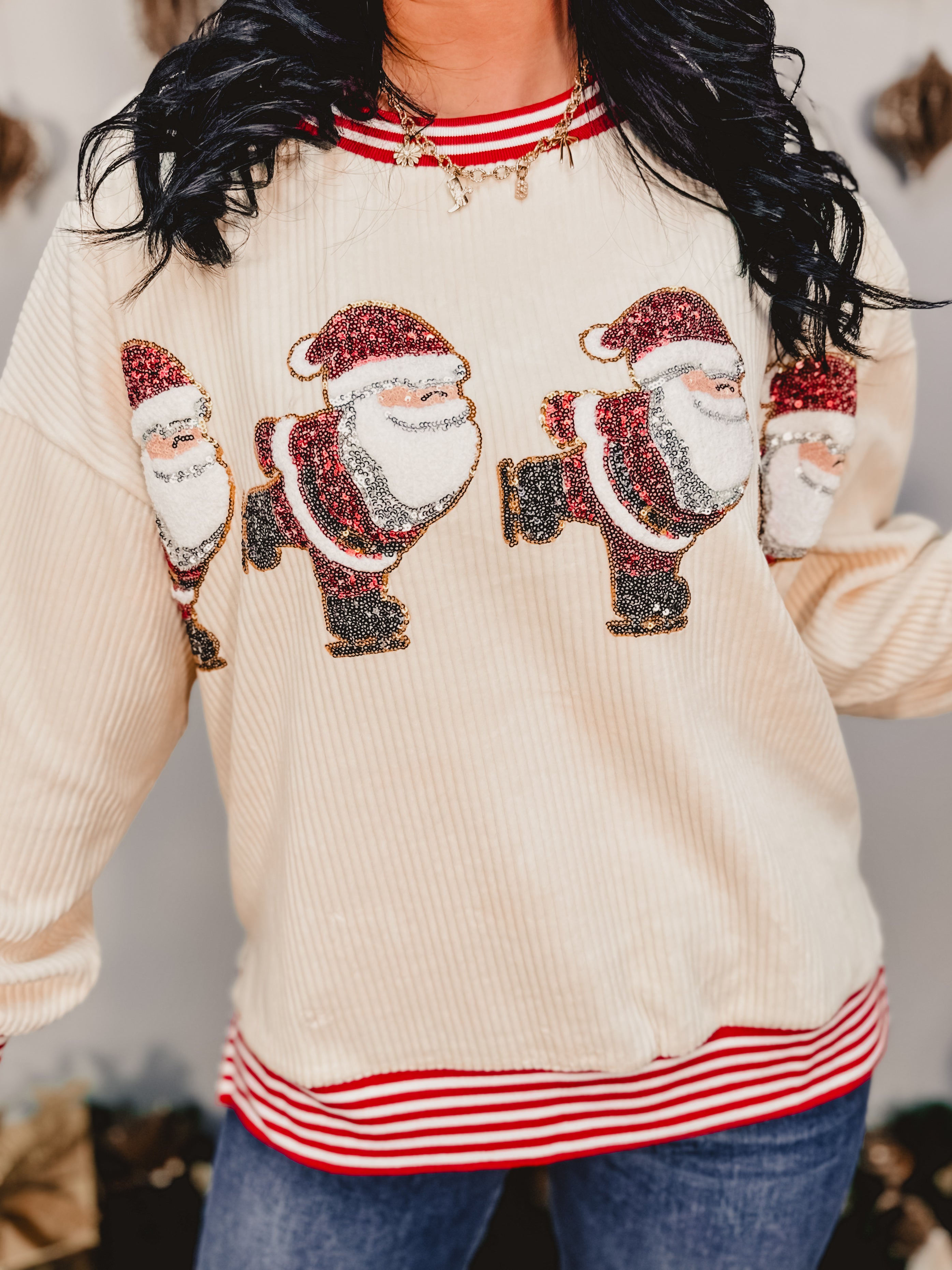 Santa Skating Sequins Embroidered Pullover - Red/Cream - Lace and Grace Boutique