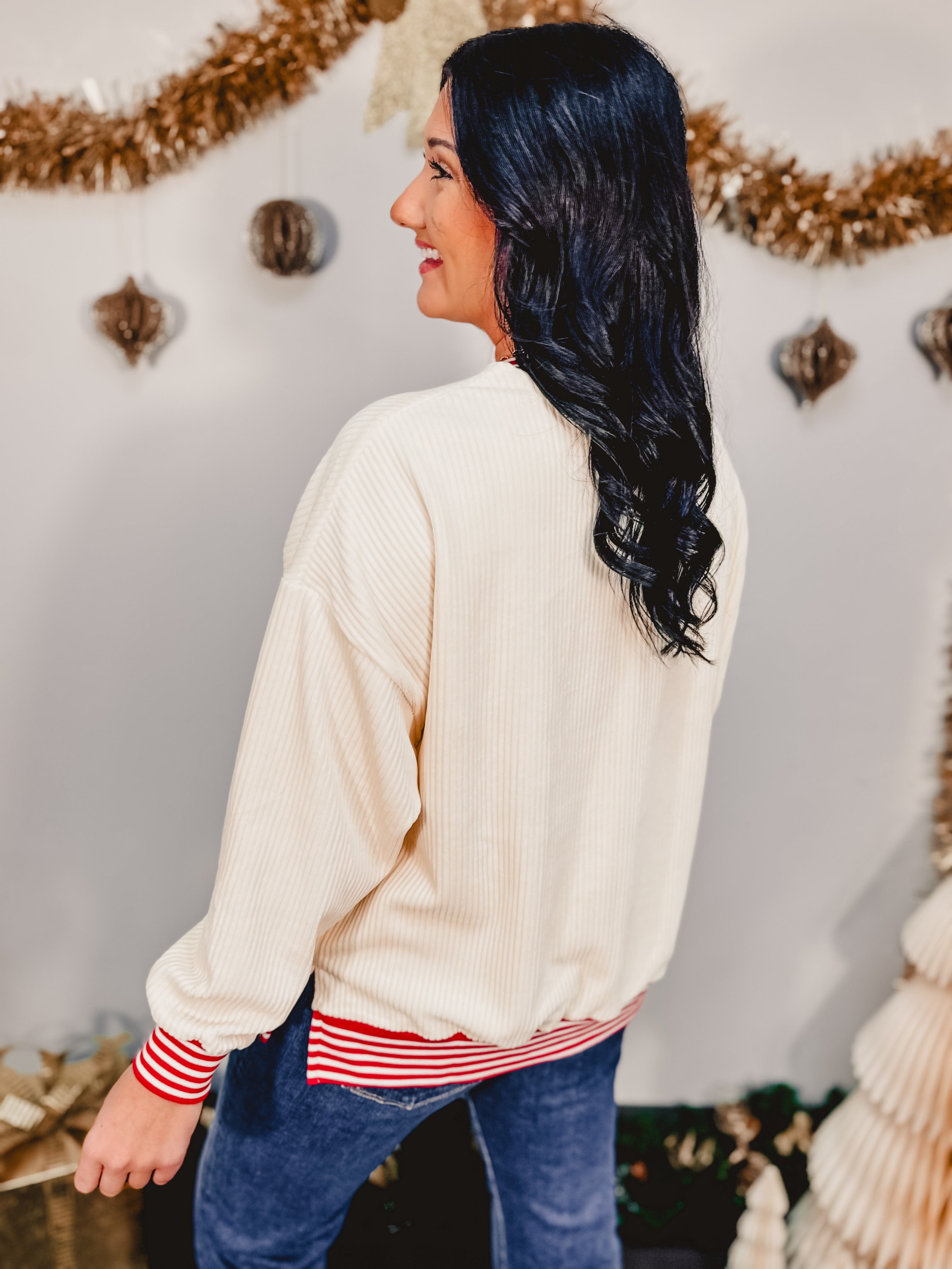 Santa Skating Sequins Embroidered Pullover - Red/Cream - Lace and Grace Boutique