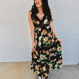 Floral Print Tiered Lace Contrast Maxi Dress - Black