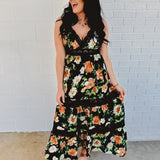 Floral Print Tiered Lace Contrast Maxi Dress - Black