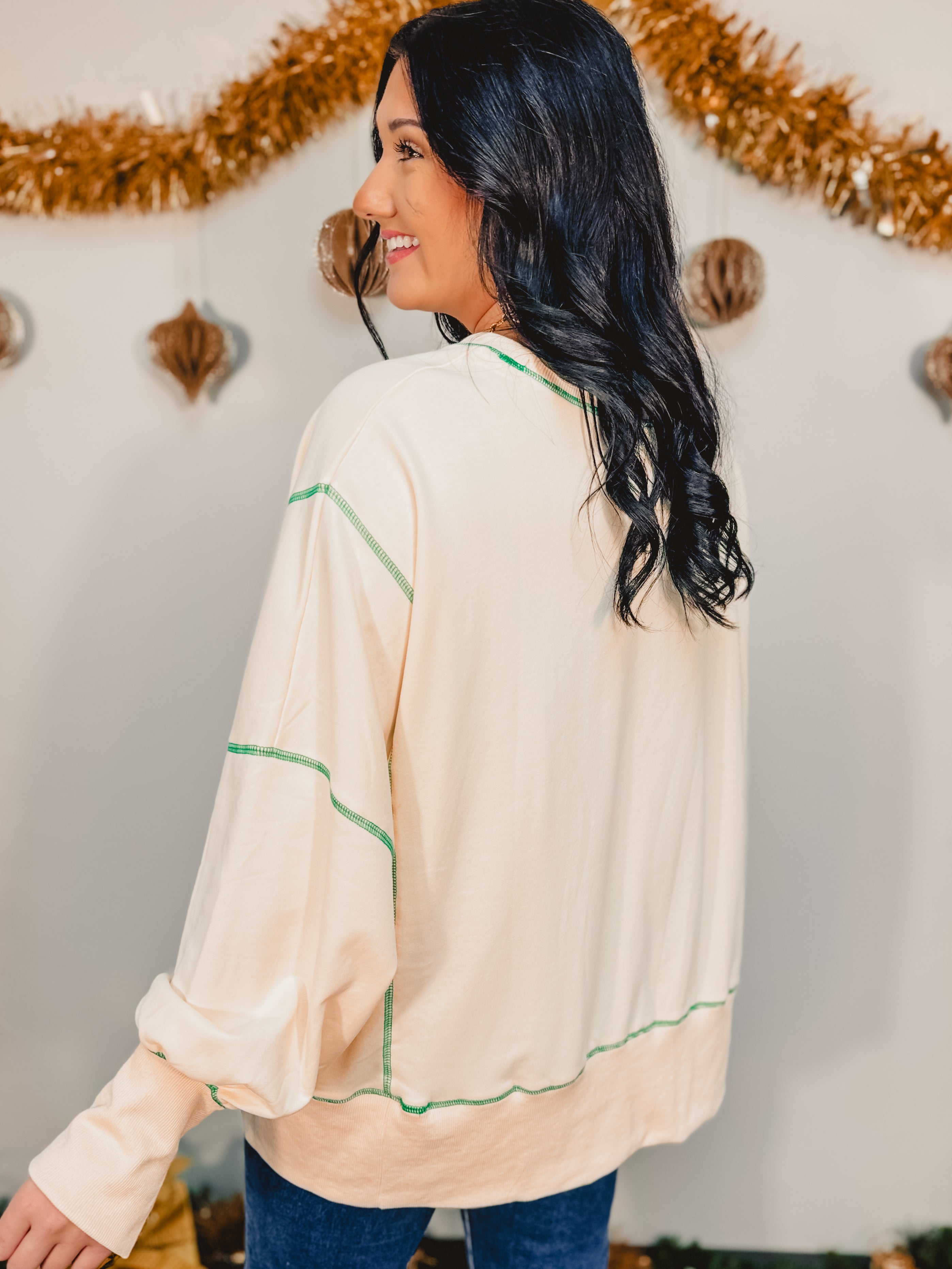 Sequin Western Boots In Lights Long Sleeve Top - Ivory - Lace and Grace Boutique