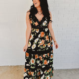 Floral Print Tiered Lace Contrast Maxi Dress - Black
