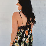 Floral Print Tiered Lace Contrast Maxi Dress - Black