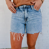 Sensible High Rise Midi Raw Hem Demin Shorts - Light Wash
