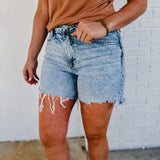 Sensible High Rise Midi Raw Hem Demin Shorts - Light Wash
