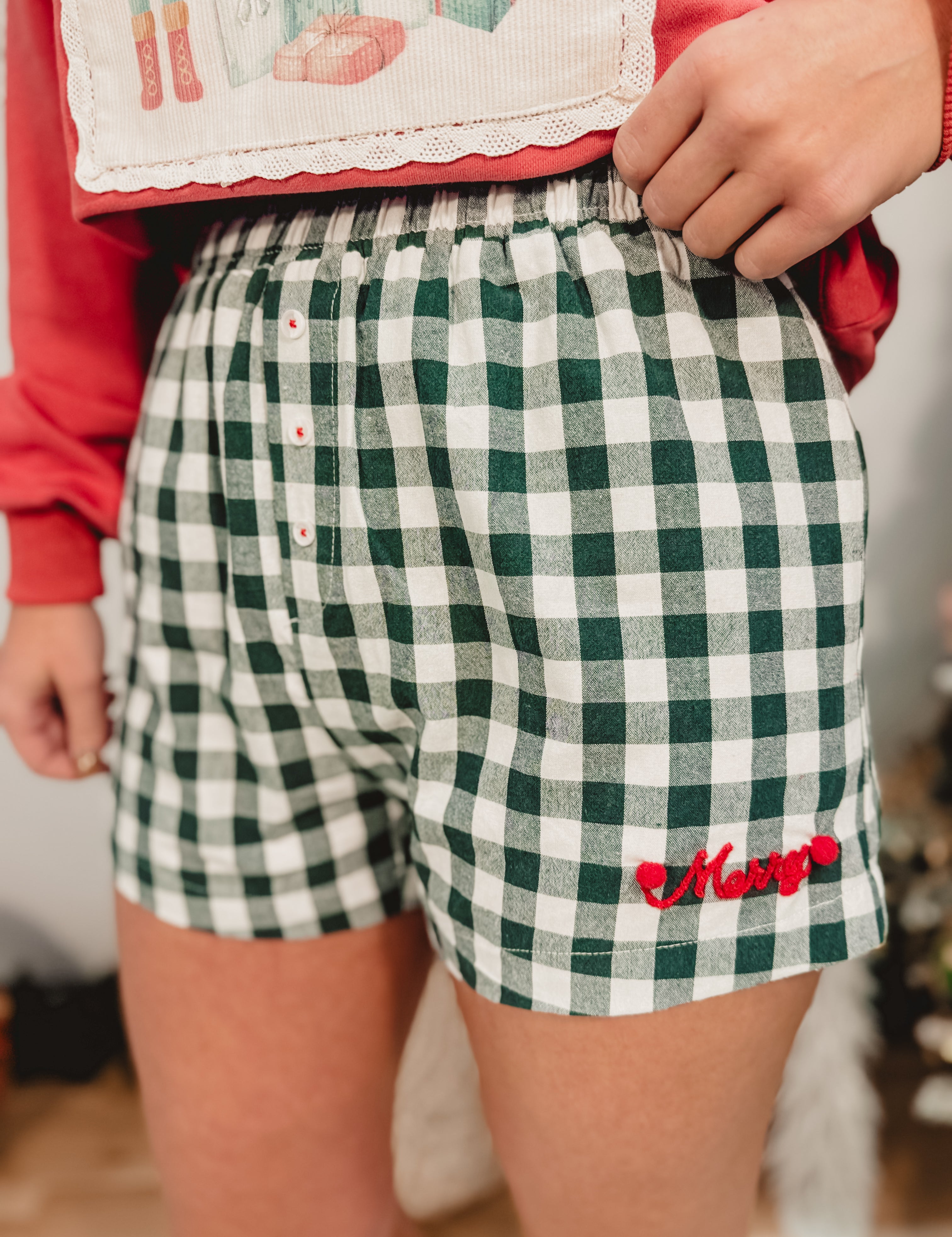 Merry Pom Pom Gingham Boxer Shorts  - Hunter Green - Lace and Grace Boutique