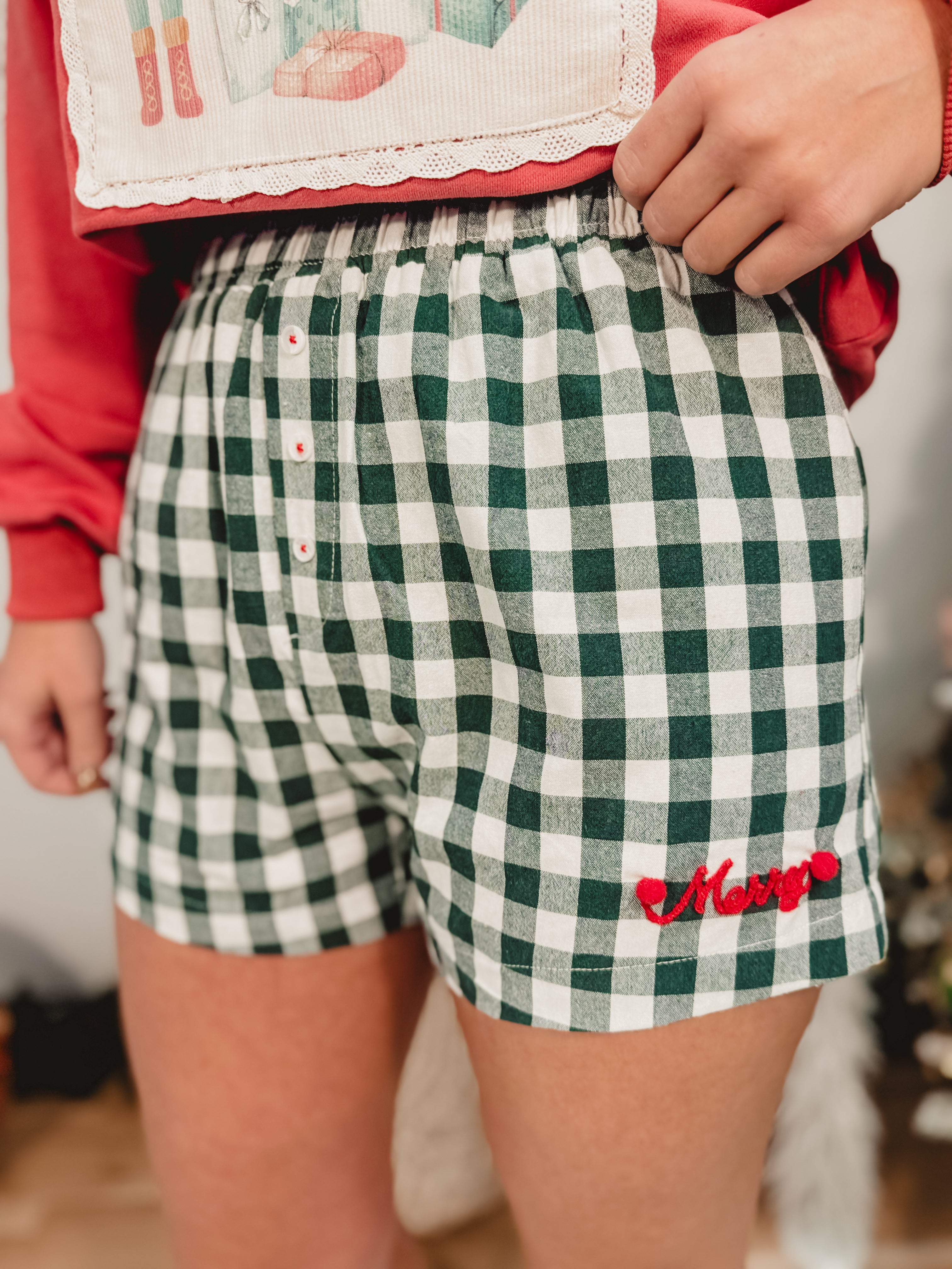 Merry Pom Pom Gingham Boxer Shorts  - Hunter Green - Lace and Grace Boutique