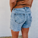 Sensible High Rise Midi Raw Hem Demin Shorts - Light Wash