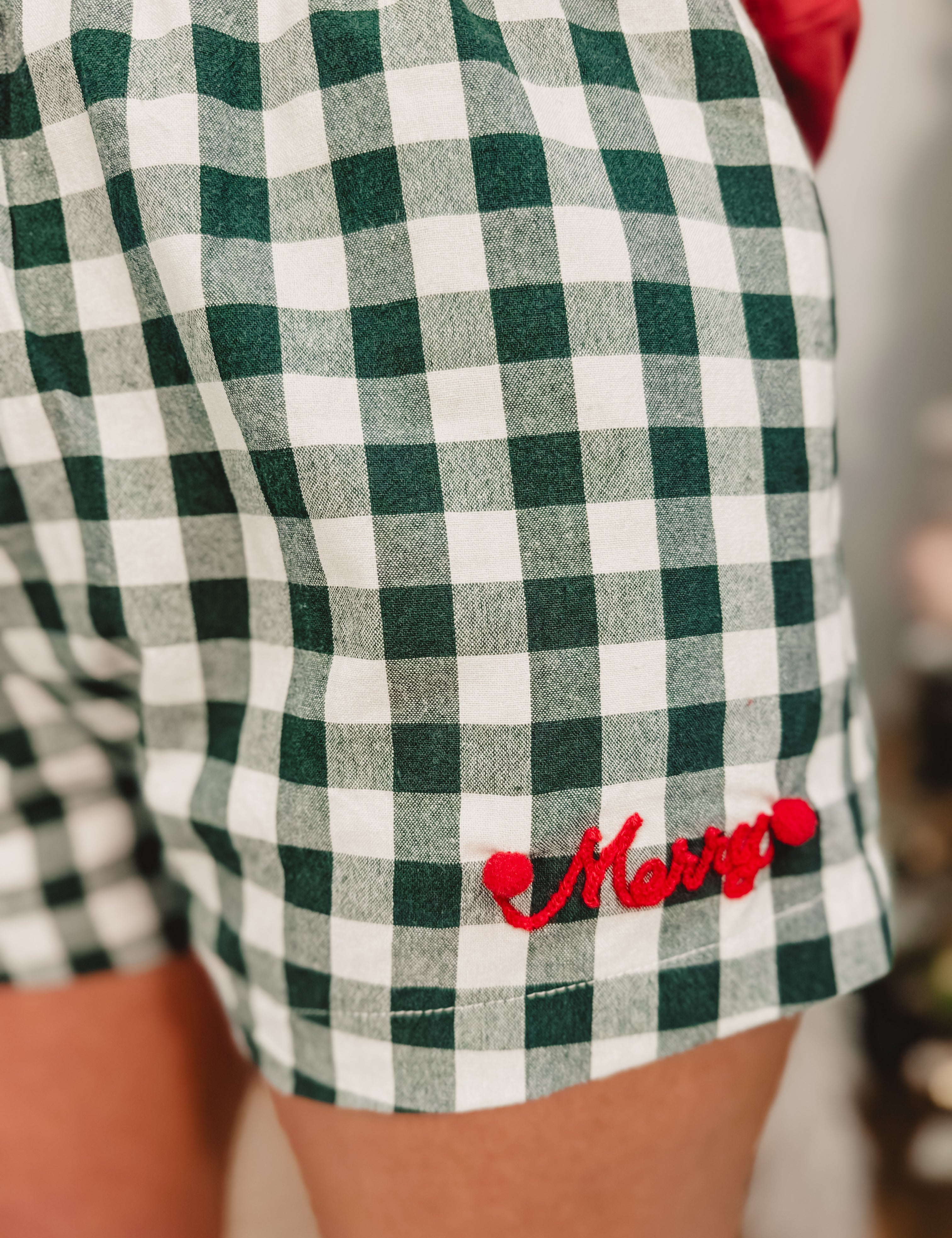 Merry Pom Pom Gingham Boxer Shorts  - Hunter Green - Lace and Grace Boutique