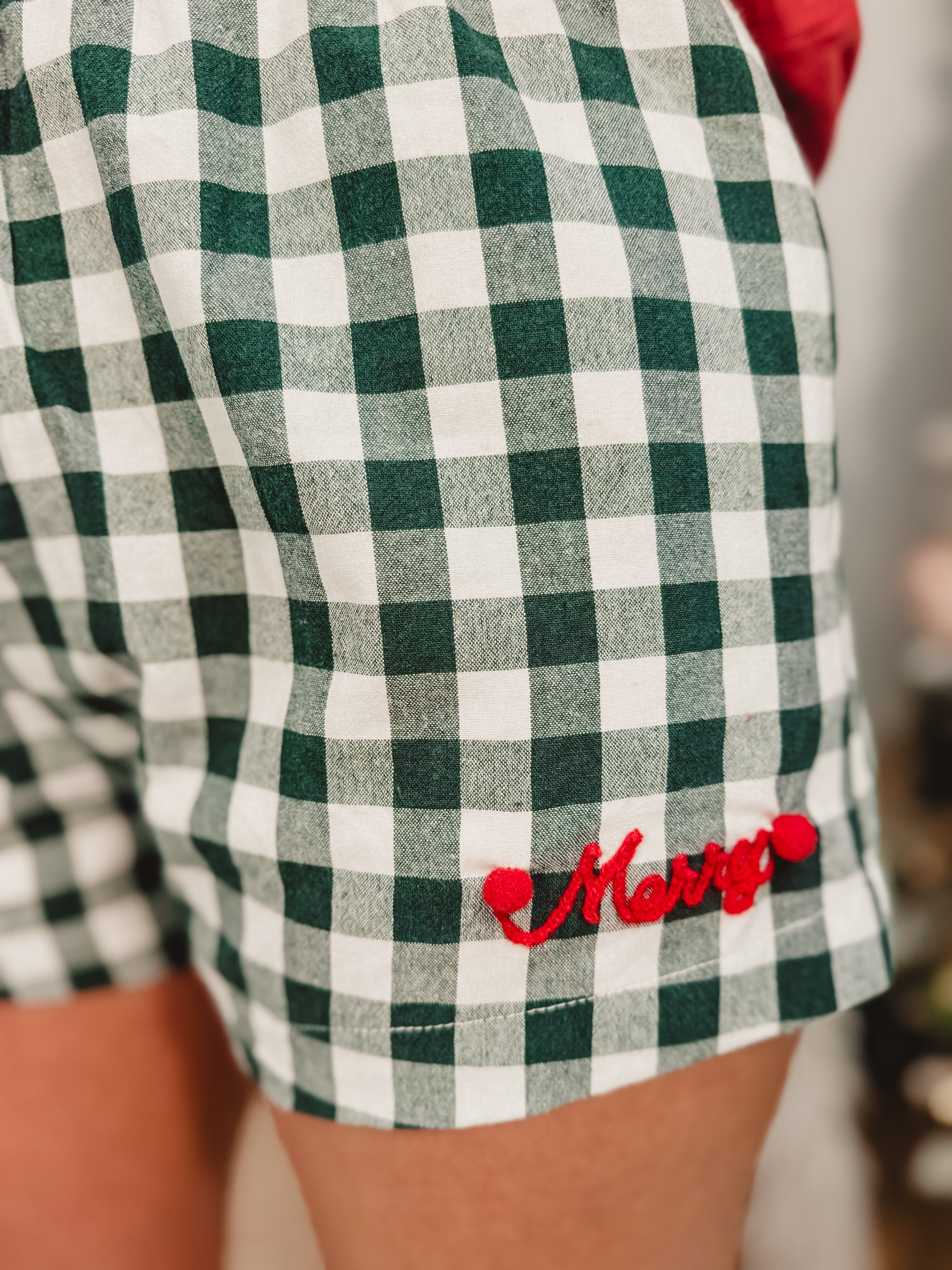 Merry Pom Pom Gingham Boxer Shorts  - Hunter Green - Lace and Grace Boutique