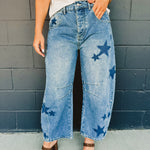 Star Printed Washed Barrel Jeans - Dark Denim - Lace and Grace Boutique