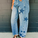Star Printed Washed Barrel Jeans - Dark Denim - Lace and Grace Boutique