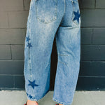 Star Printed Washed Barrel Jeans - Dark Denim - Lace and Grace Boutique