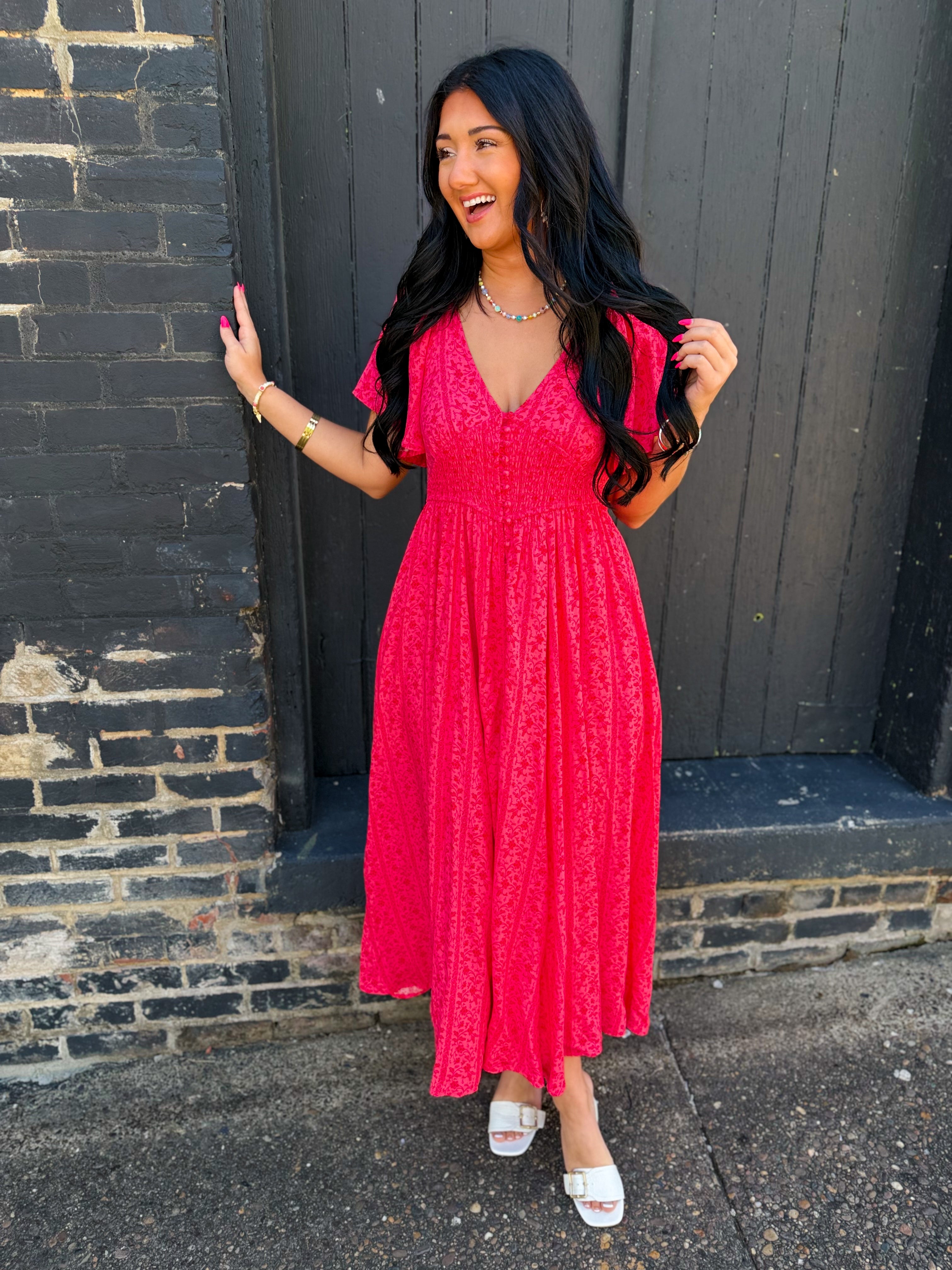 Garden Party Floral Maxi Dress - Cherry Tomato - Lace and Grace Boutique