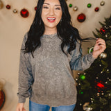 Washed Crewneck Long Sleeve Knit Top - Grey