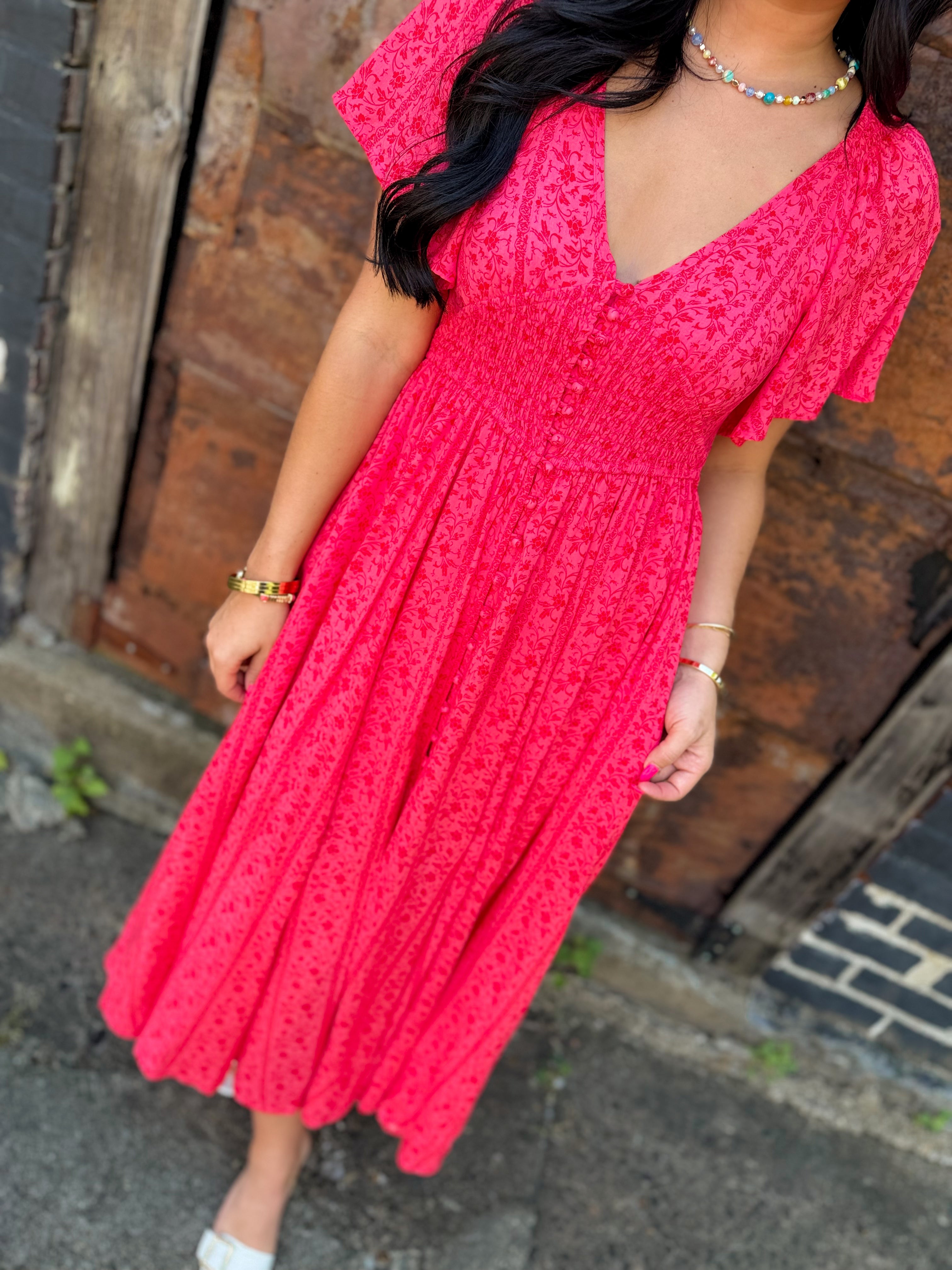 Garden Party Floral Maxi Dress - Cherry Tomato - Lace and Grace Boutique