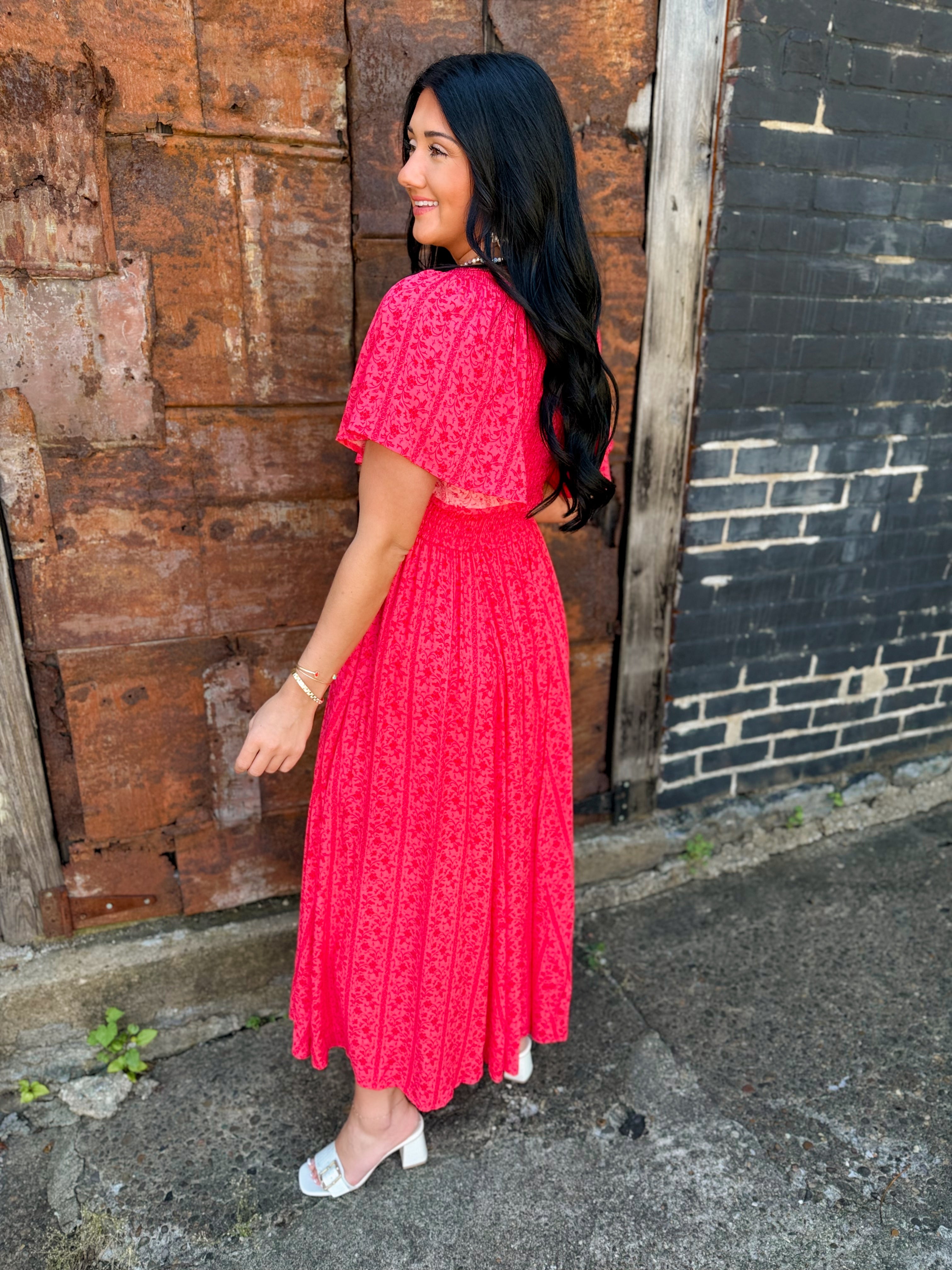 Garden Party Floral Maxi Dress - Cherry Tomato - Lace and Grace Boutique