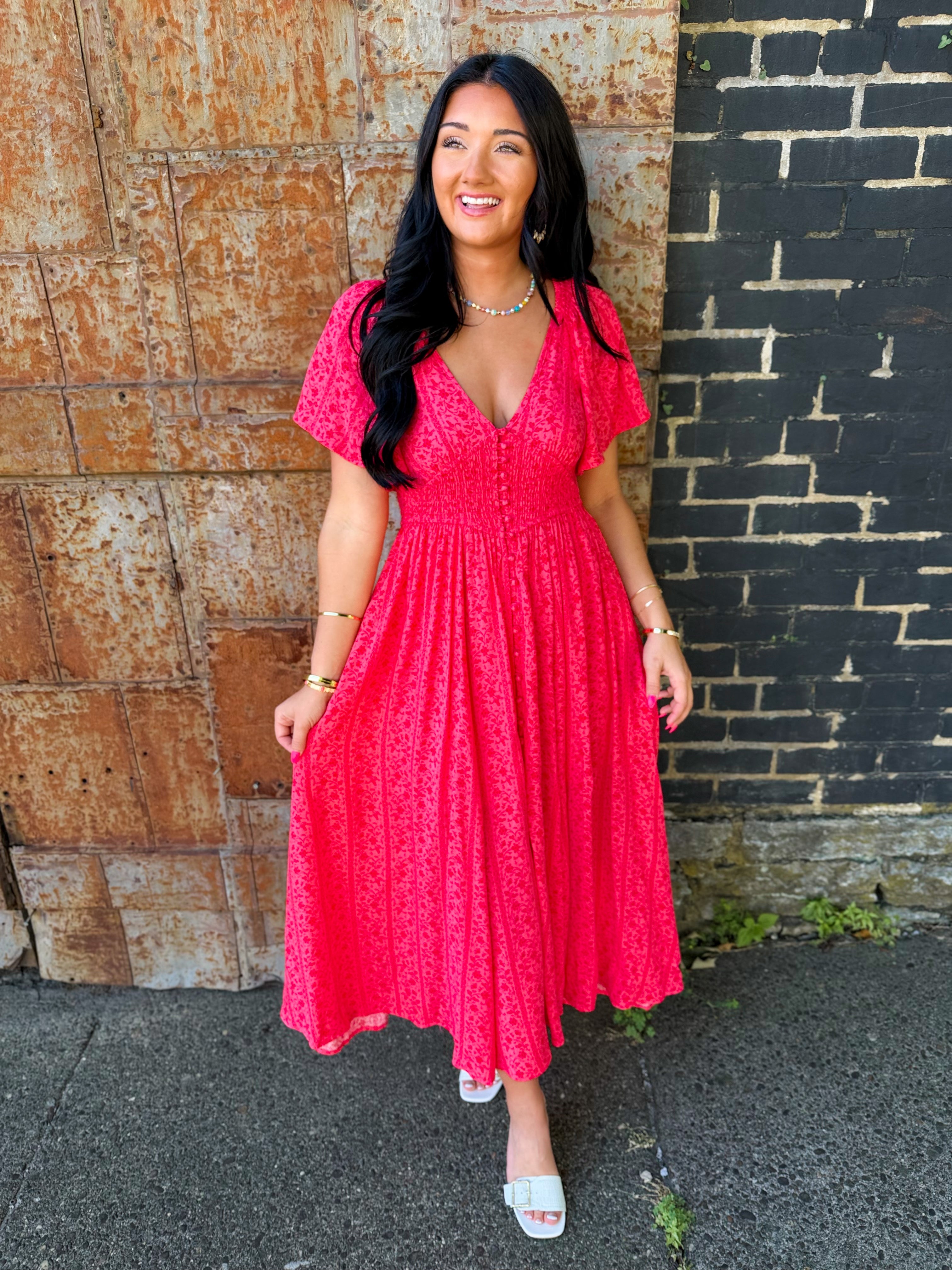 Garden Party Floral Maxi Dress - Cherry Tomato - Lace and Grace Boutique