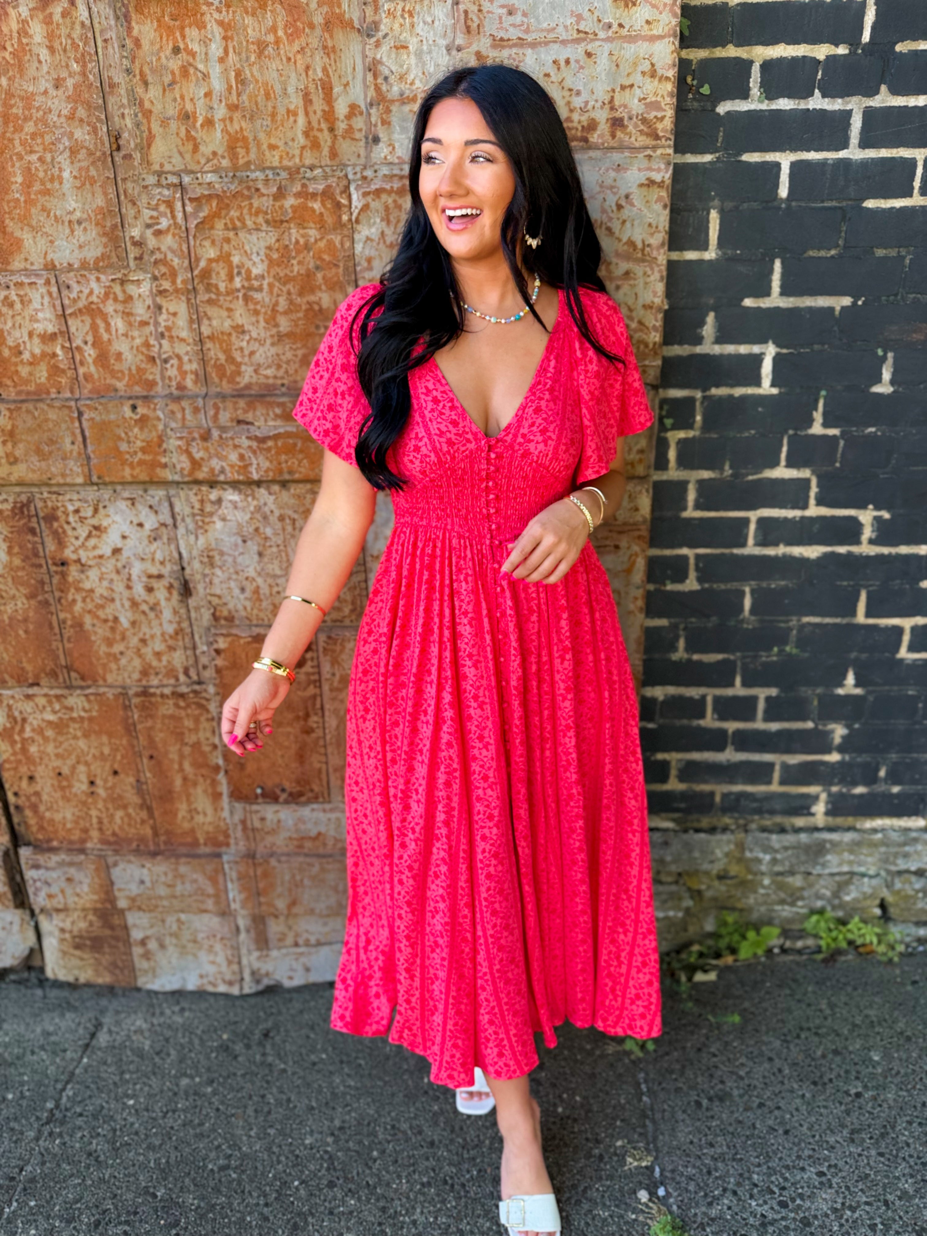 Garden Party Floral Maxi Dress - Cherry Tomato - Lace and Grace Boutique