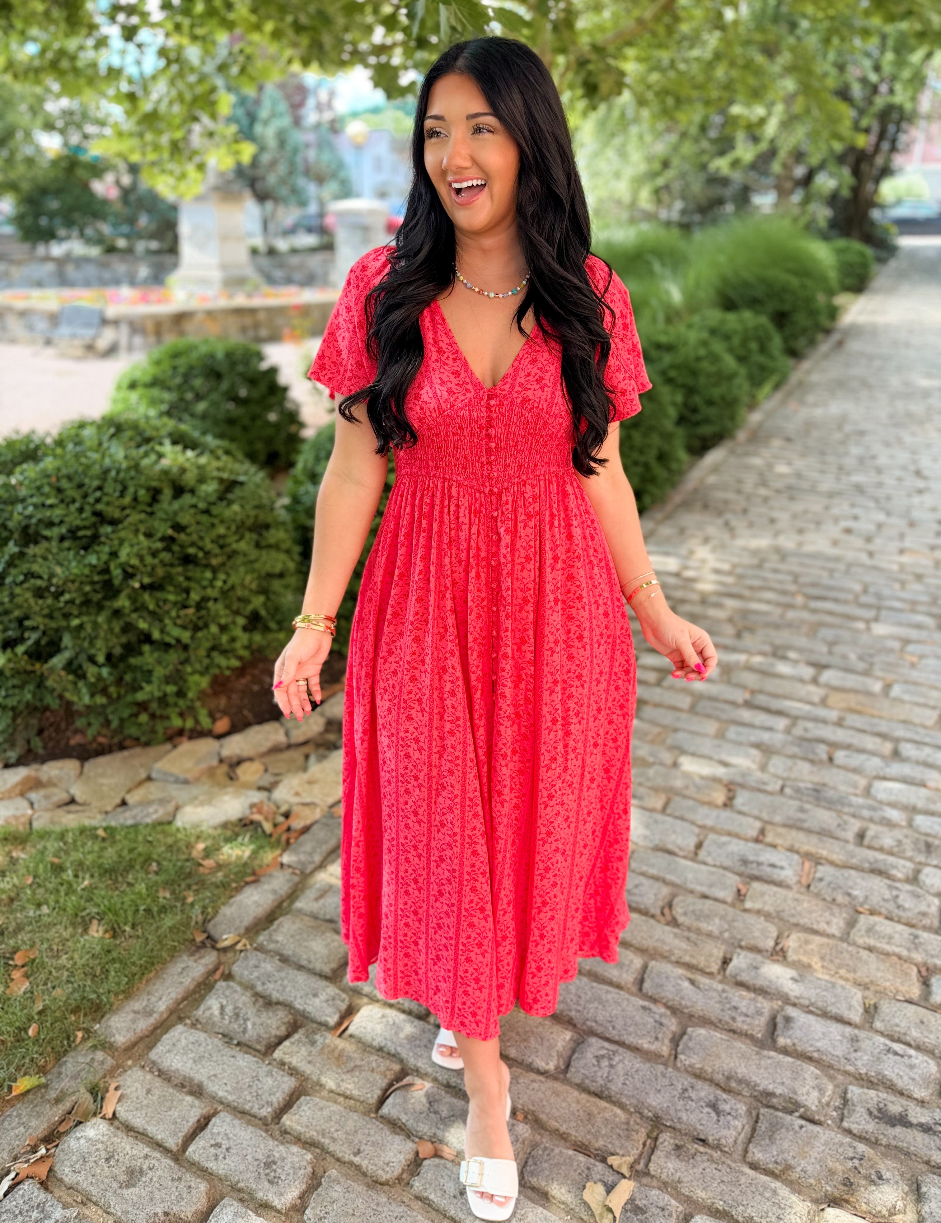 Garden Party Floral Maxi Dress - Cherry Tomato - Lace and Grace Boutique