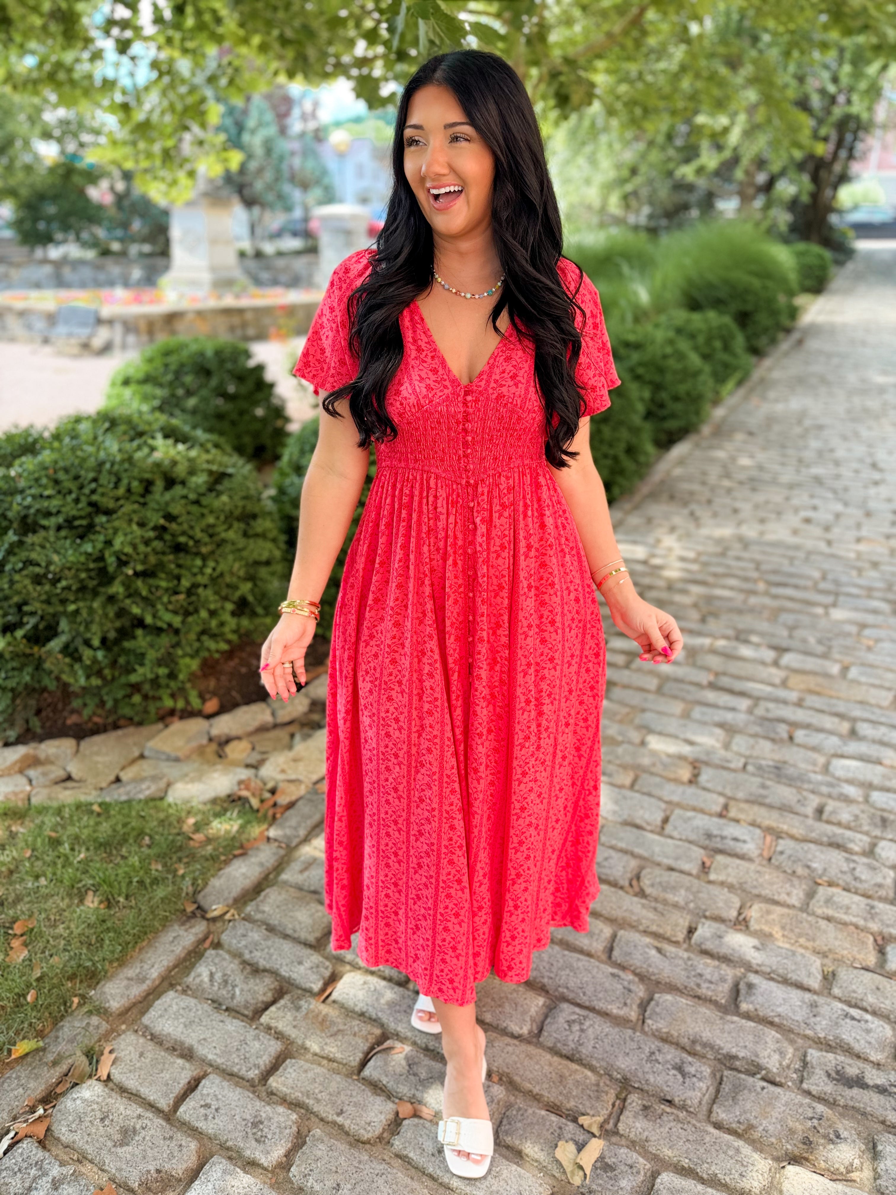 Garden Party Floral Maxi Dress - Cherry Tomato - Lace and Grace Boutique