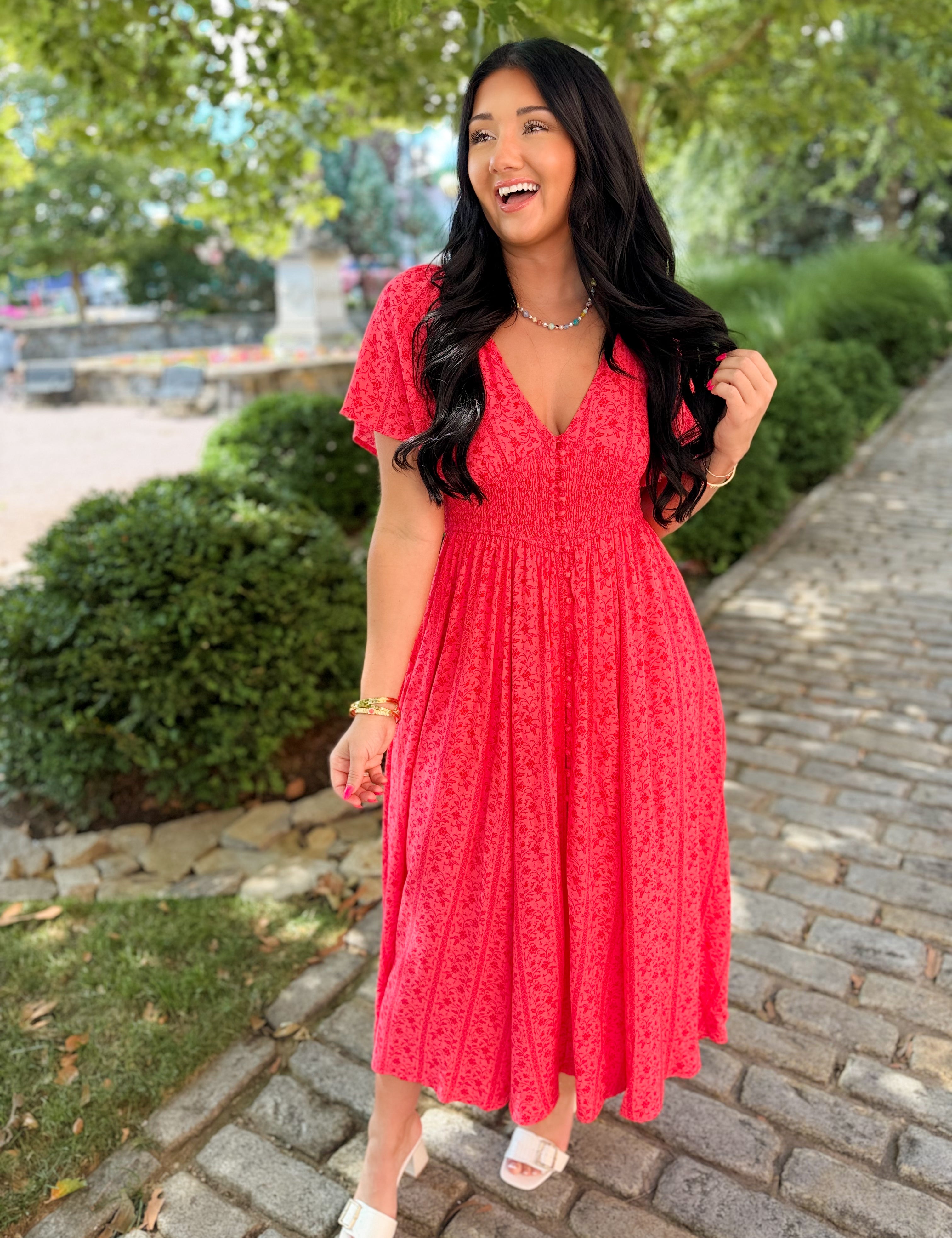 Garden Party Floral Maxi Dress - Cherry Tomato - Lace and Grace Boutique