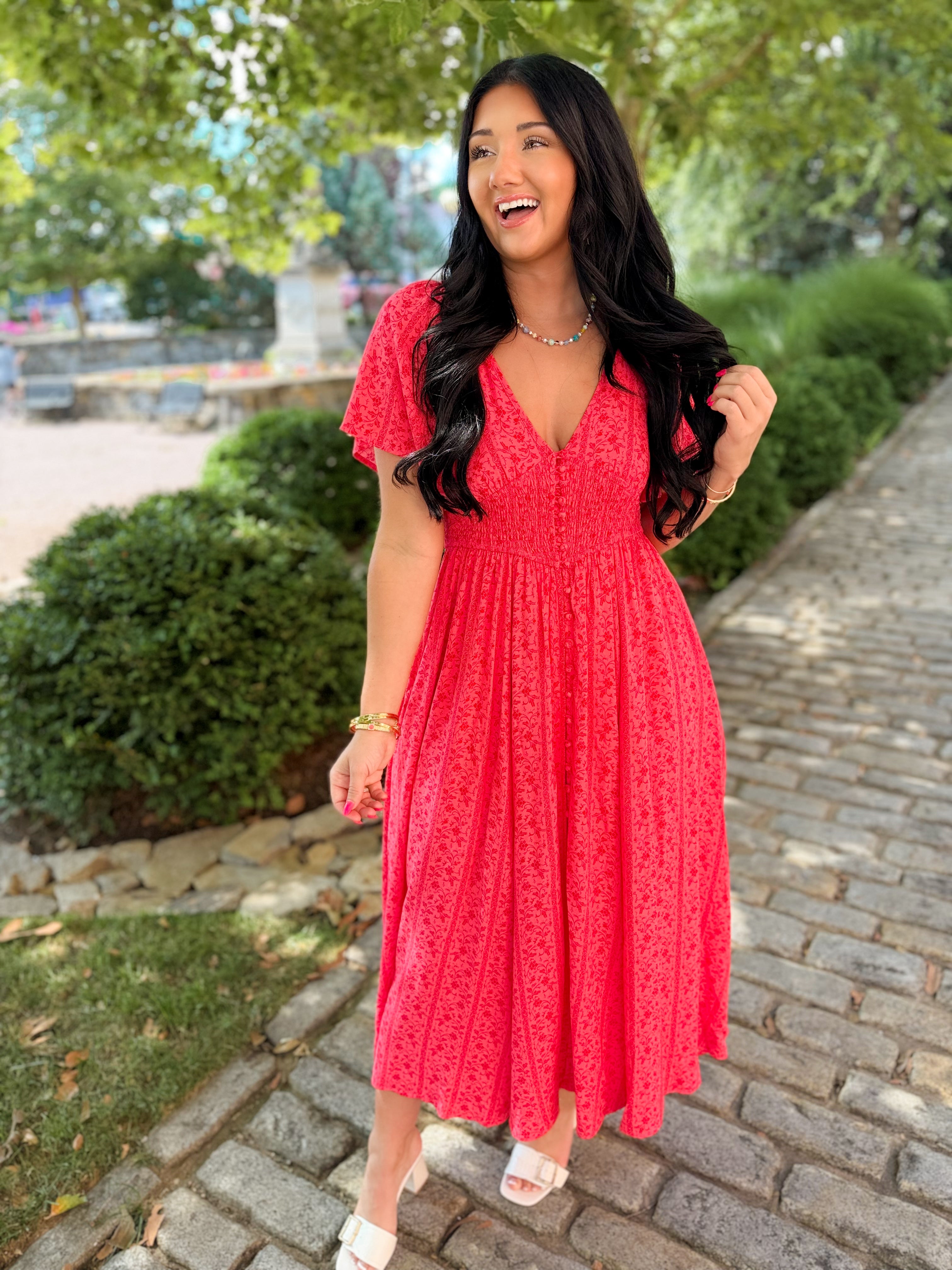 Garden Party Floral Maxi Dress - Cherry Tomato - Lace and Grace Boutique