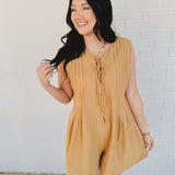 Tied Front Pleated Sleeveless Romper - Light Camel