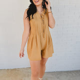 Tied Front Pleated Sleeveless Romper - Light Camel