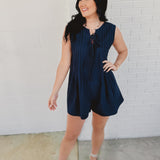 Tied Front Pleated Sleeveless Romper - Navy