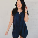 Tied Front Pleated Sleeveless Romper - Navy