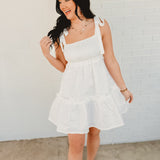 Textured Jacquard Smocked Babydoll Dress - White