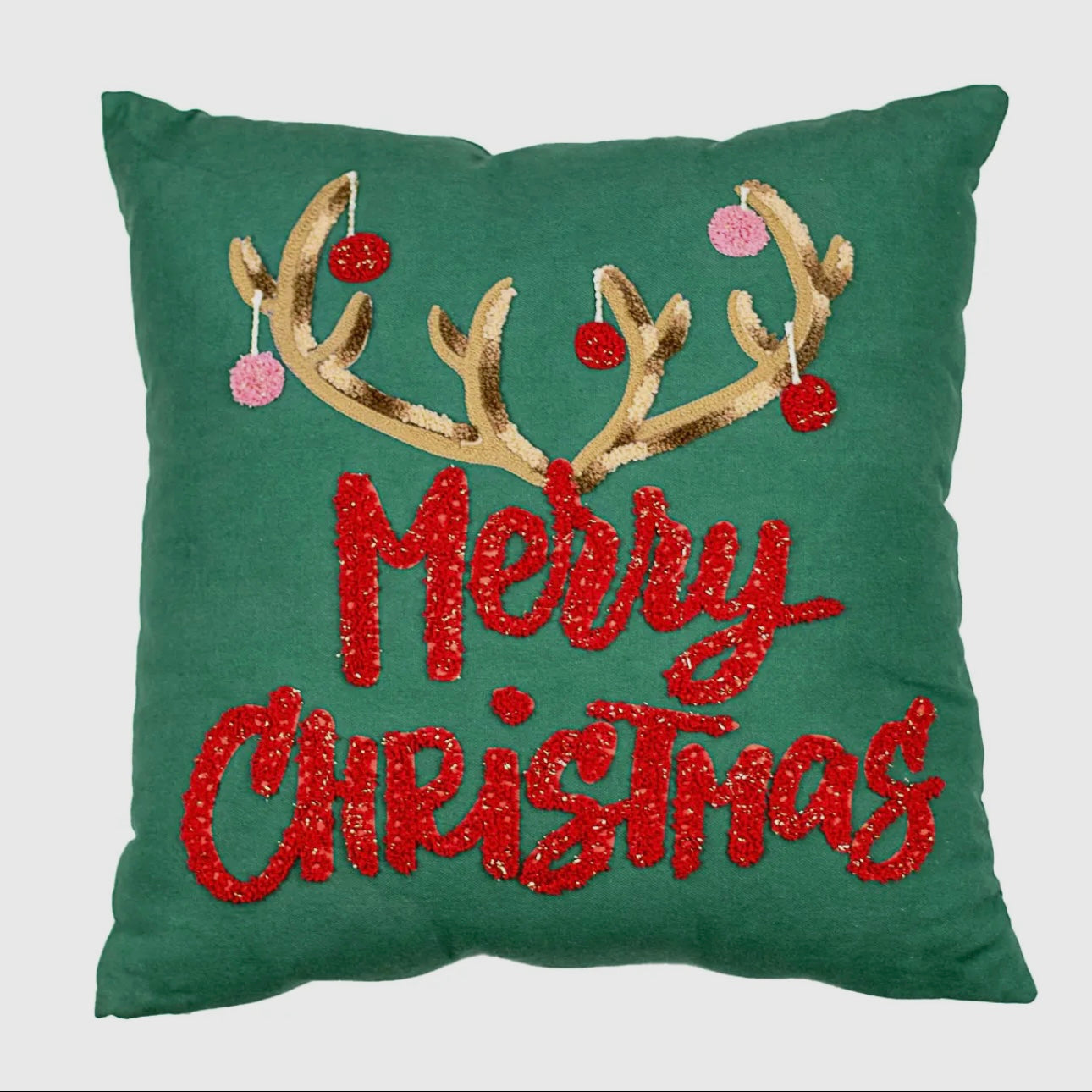 Merry Christmas Antler Accent Pillow - Green Multi - Lace and Grace Boutique