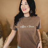 Coffee &  Jesus Embroidery Graphic Tee - Washed Brown