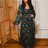 Patchwork Print Smocked Midi Dress - Pine