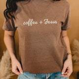 Coffee &  Jesus Embroidery Graphic Tee - Washed Brown