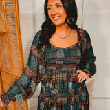 Patchwork Print Smocked Midi Dress - Pine