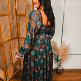 Patchwork Print Smocked Midi Dress - Pine