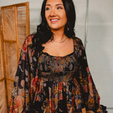 Floral Print Sweetheart Peplum top - Black