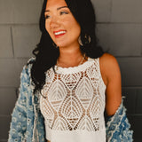 Scalloped Edged Cropped Crochet Tank - Off White